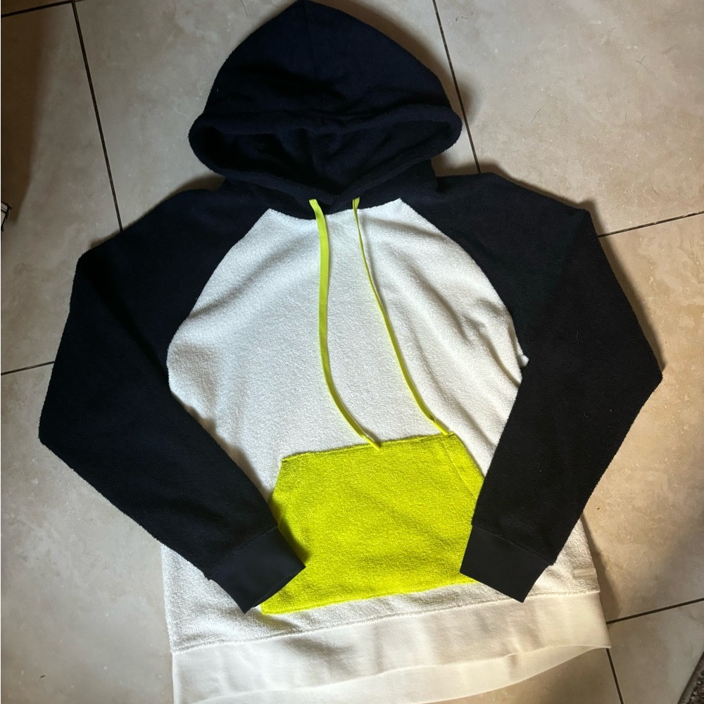 NWOT Outerknown terry hoodie cream/navy/neon yellow string Small